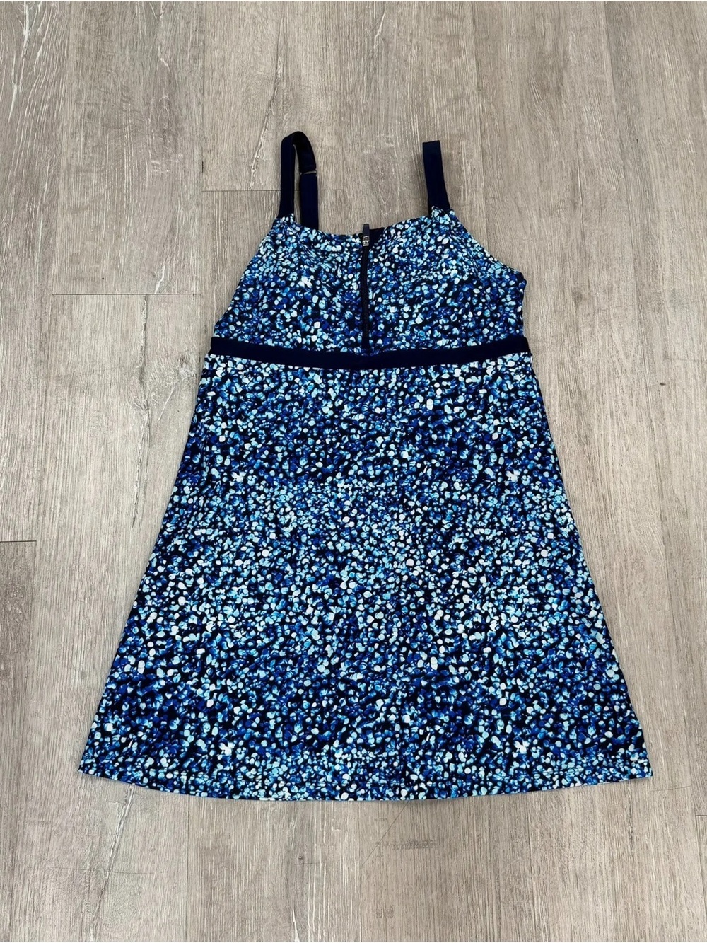 Lands' End Blue & White Speckled Zip-Front One-Piece Swim Dress - Size 10/12